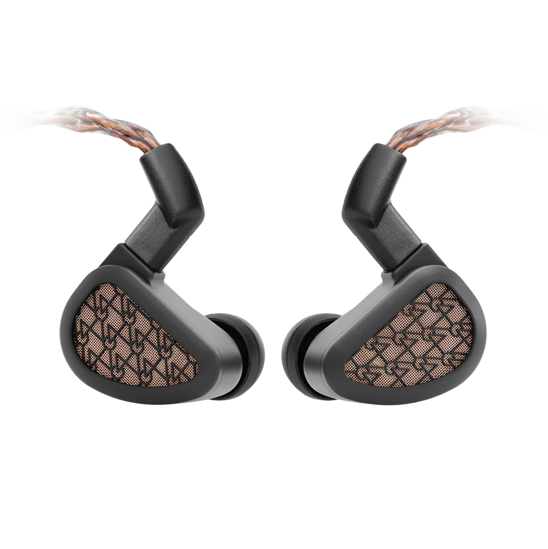 Pair of 64 Audio Solo In-Ear Monitors, black with copper-colored mesh and braided copper cables.