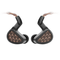 Pair of 64 Audio Solo In-Ear Monitors, black with copper-colored mesh and braided copper cables.