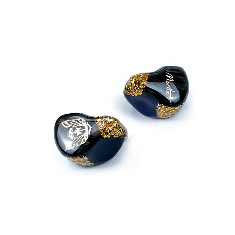 Moritz Audio ENZO Flagship In-Ear Monitors, dark navy blue with gold flake accents, visible 'Moritz' brand name on one earpiece and a logo on the other.