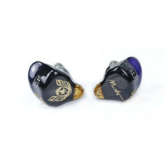 Moritz Audio ENZO Flagship In-Ear Monitors, black with gold glitter accents and gold logo/script, top-down view