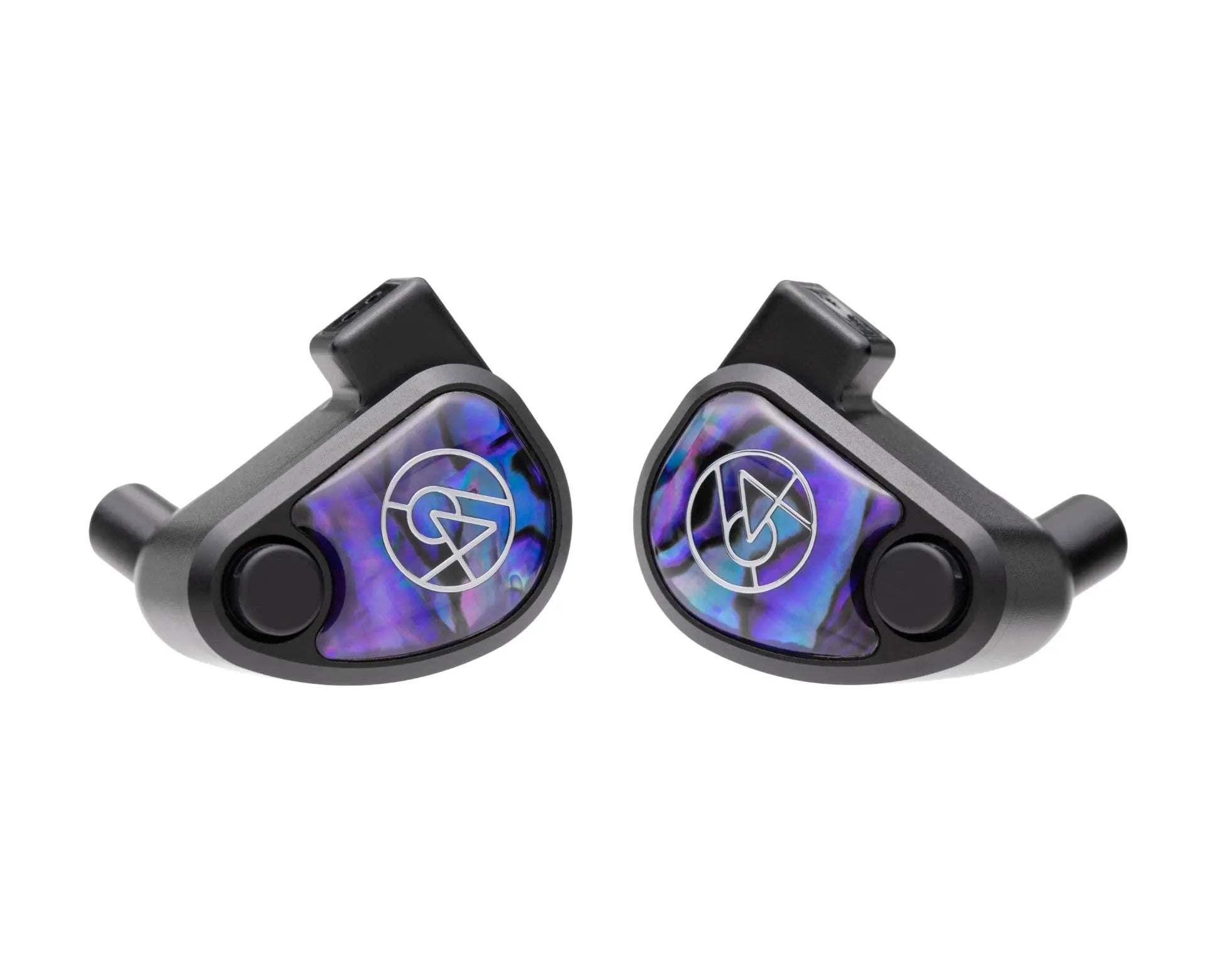 64 Audio Volür universal IEM earphones with ten hybrid drivers, featuring iridescent purple and blue faceplates with silver logo on a white background.