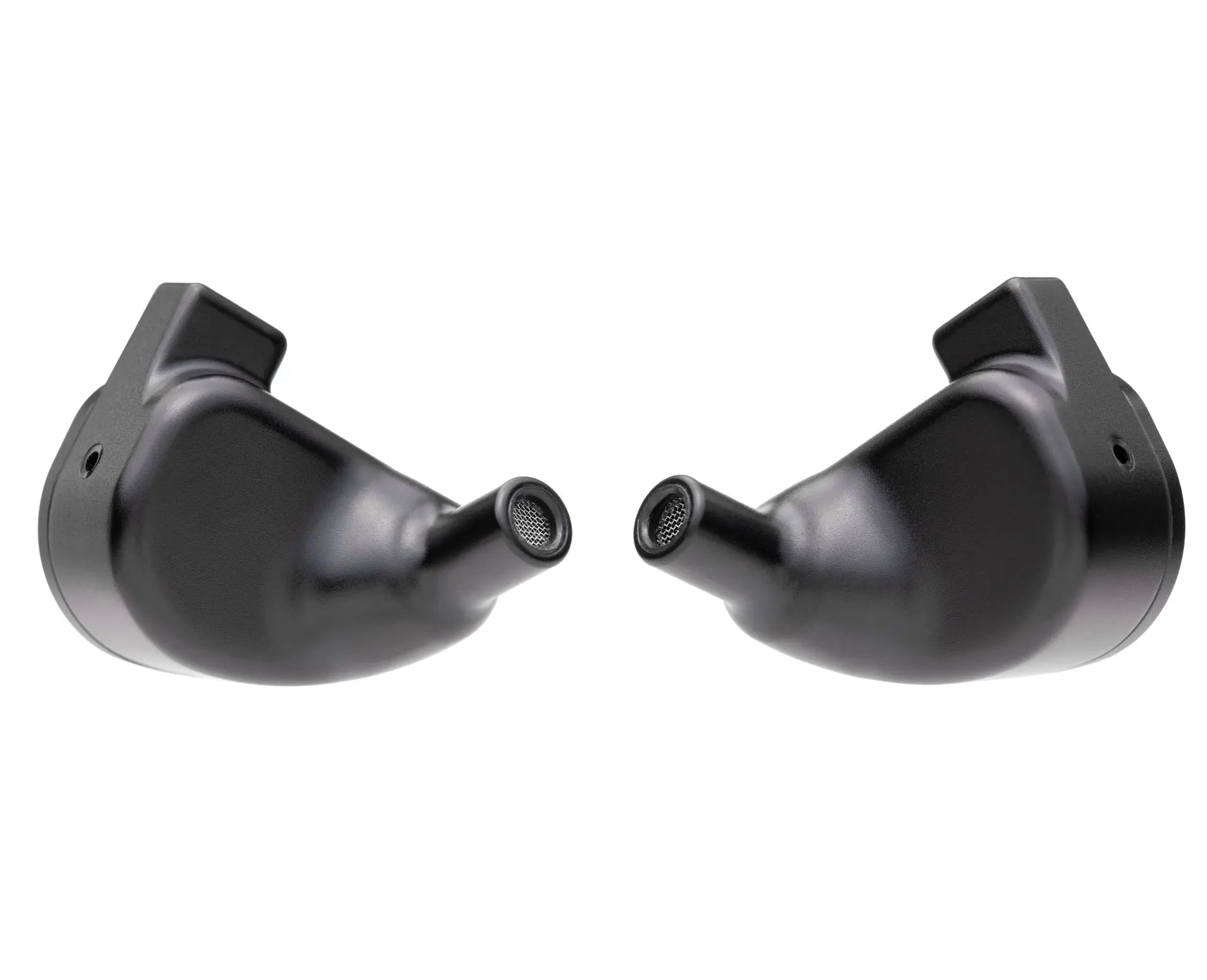 Pair of 64 Audio Volür universal IEM earphones, black, featuring ten hybrid drivers for high-fidelity audio.