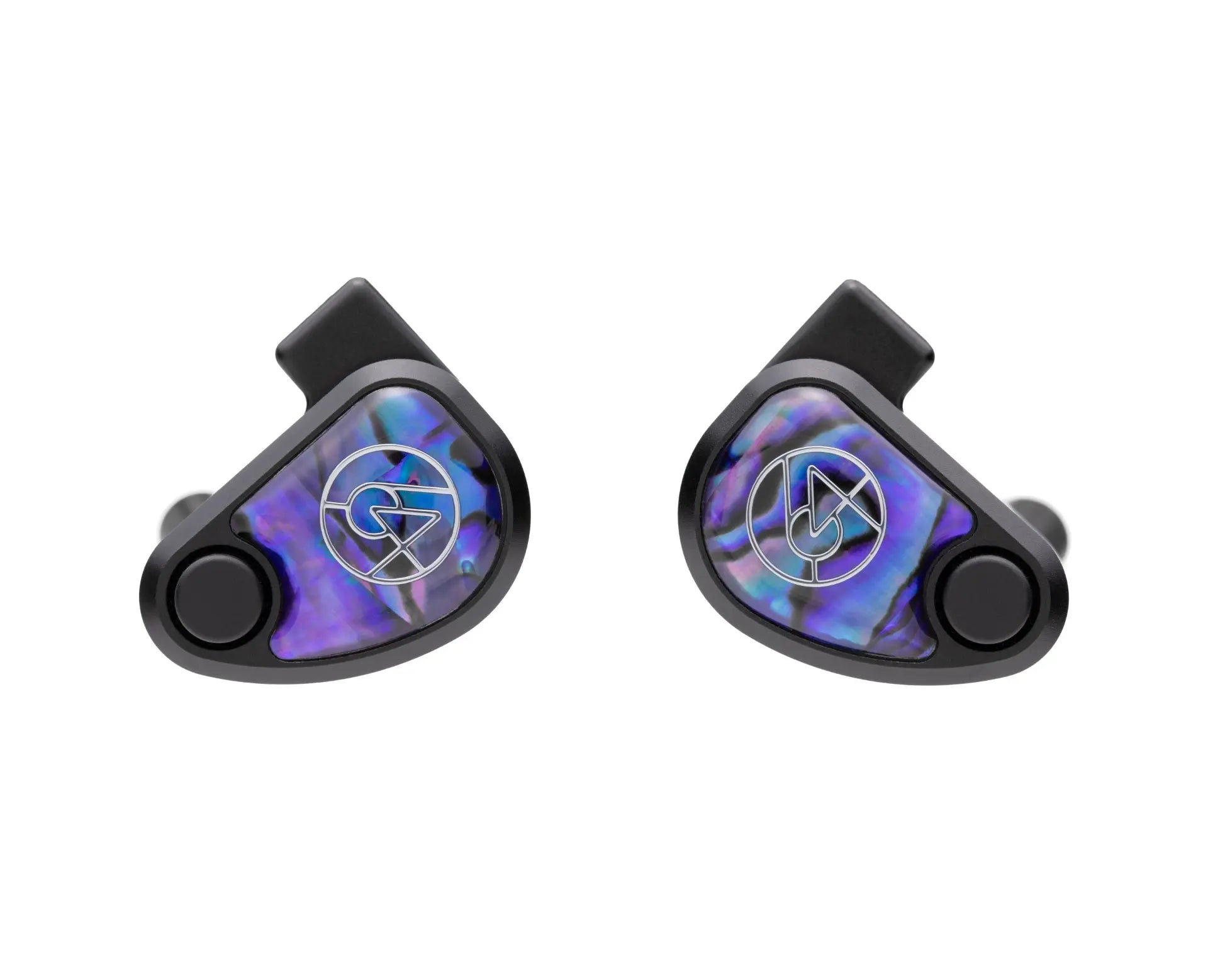 64 Audio Volür Universal IEM Earphones, 10 hybrid drivers, black with iridescent purple and blue faceplates featuring the 64 Audio logo.
