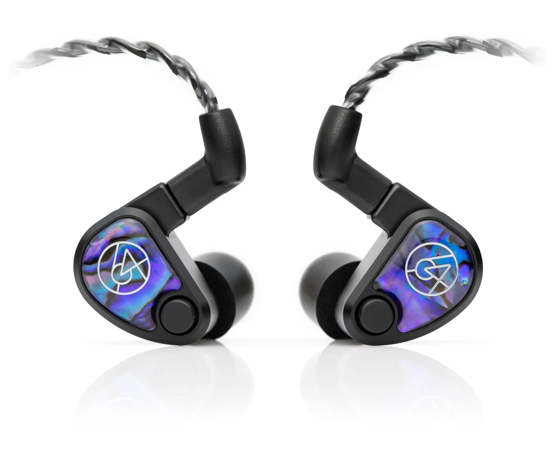 Pair of 64 Audio Volür Universal IEM Earphones with ten hybrid drivers. Black earpieces with iridescent purple and blue faceplates, silver logo, and braided cables.