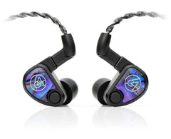 Pair of 64 Audio Volür Universal IEM Earphones with ten hybrid drivers. Black earpieces with iridescent purple and blue faceplates, silver logo, and braided cables.
