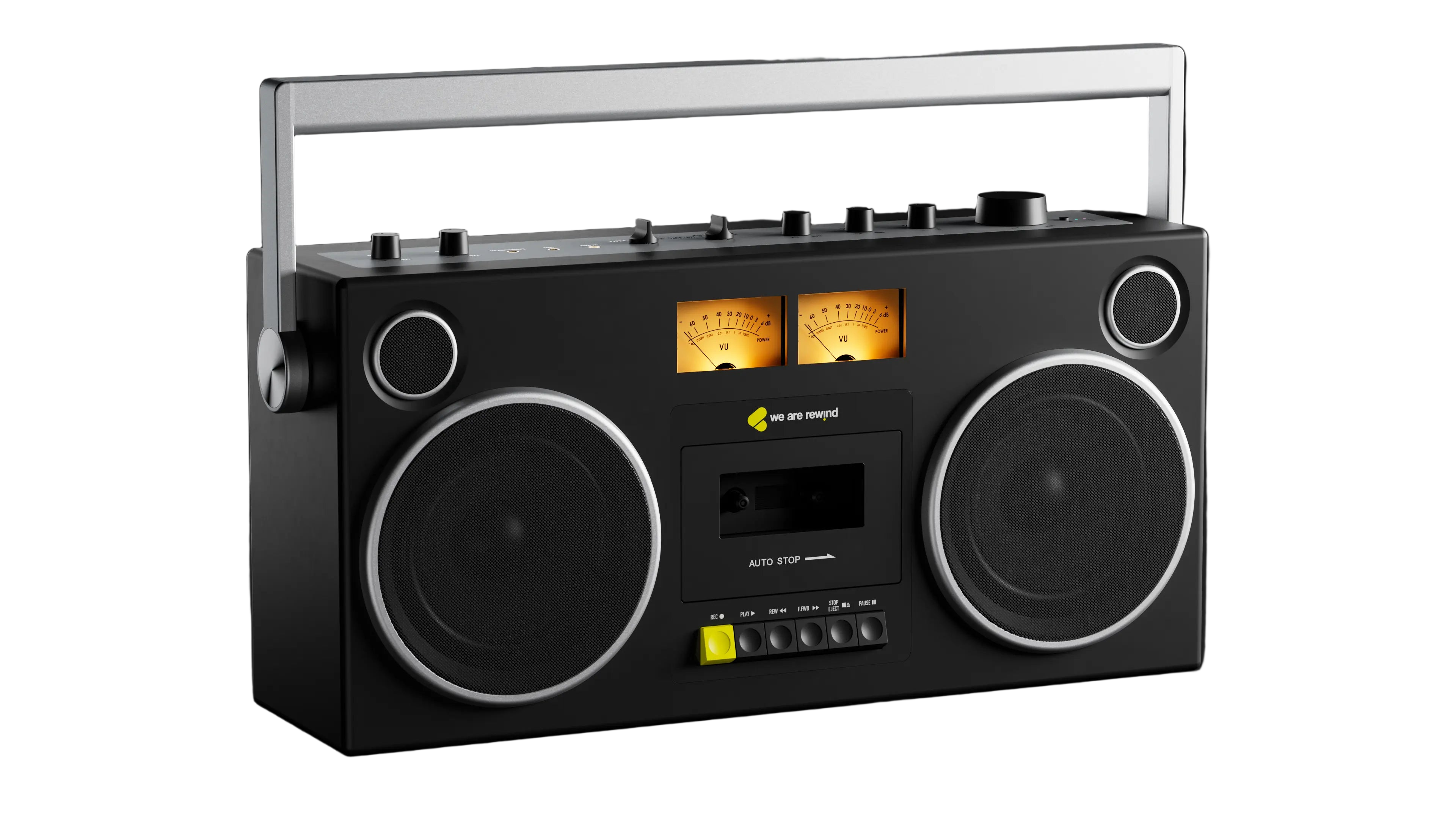 We Are Rewind Black retro-style boombox with speakers on a black background