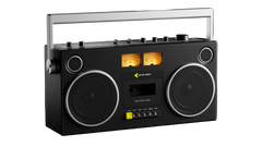 We Are Rewind Black retro-style boombox with speakers on a black background