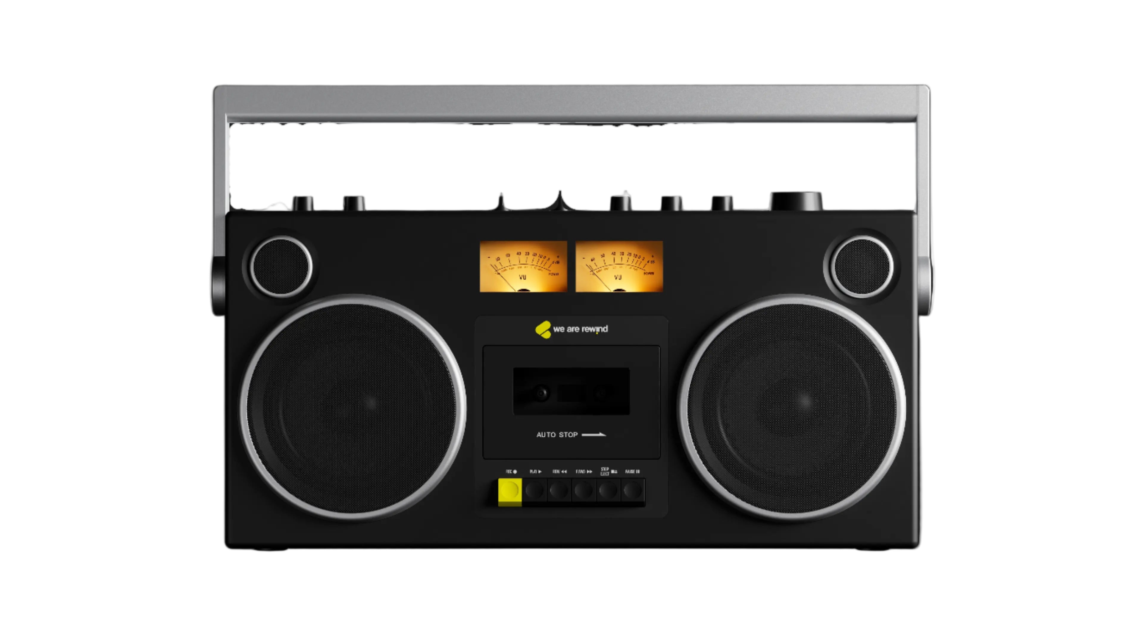 Black boombox with silver accents on a black background