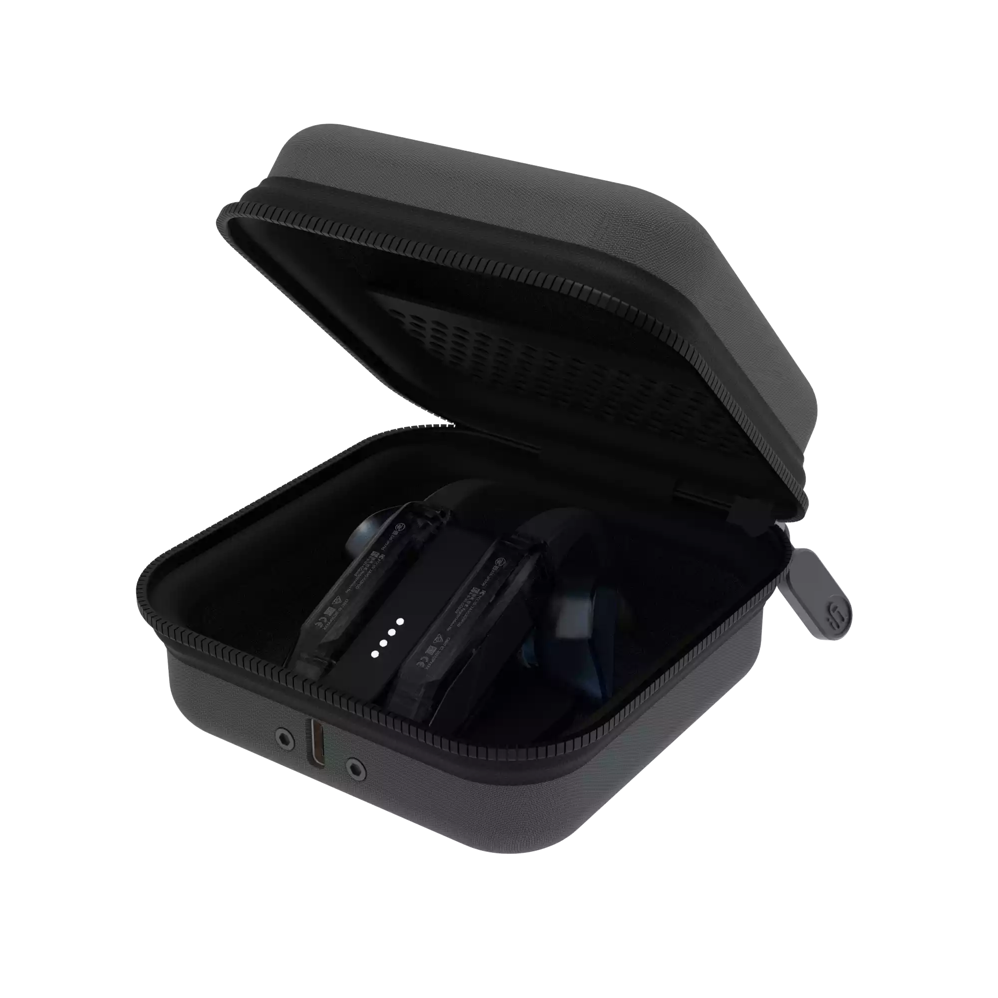 iFi Audio GO pod Air in an open gray charging case with two wireless IEM Bluetooth adapters visible.