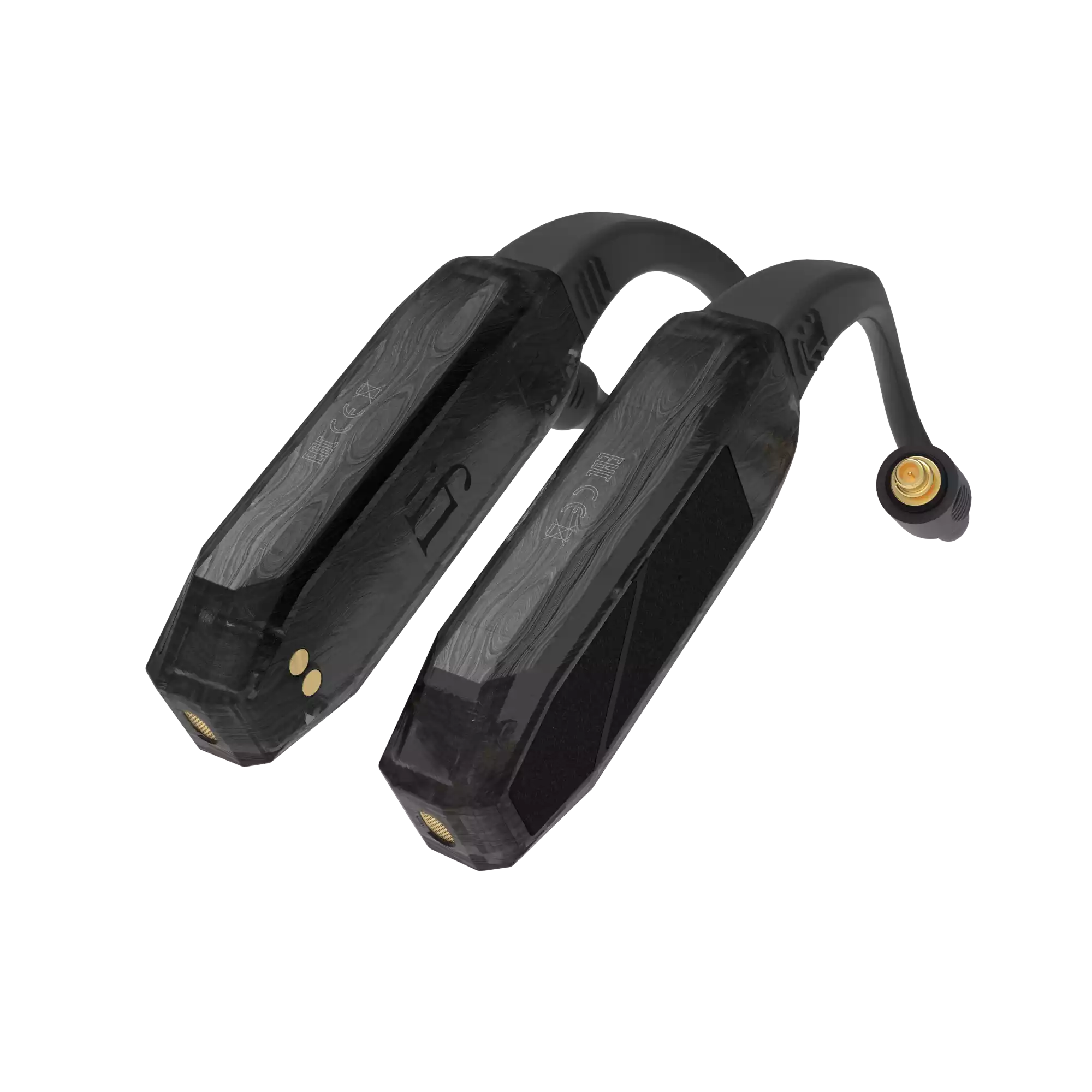 iFi Audio GO pod Air wearable true wireless IEM Bluetooth adapter with DAC & Headphone Amp. Black, textured finish with gold connectors.