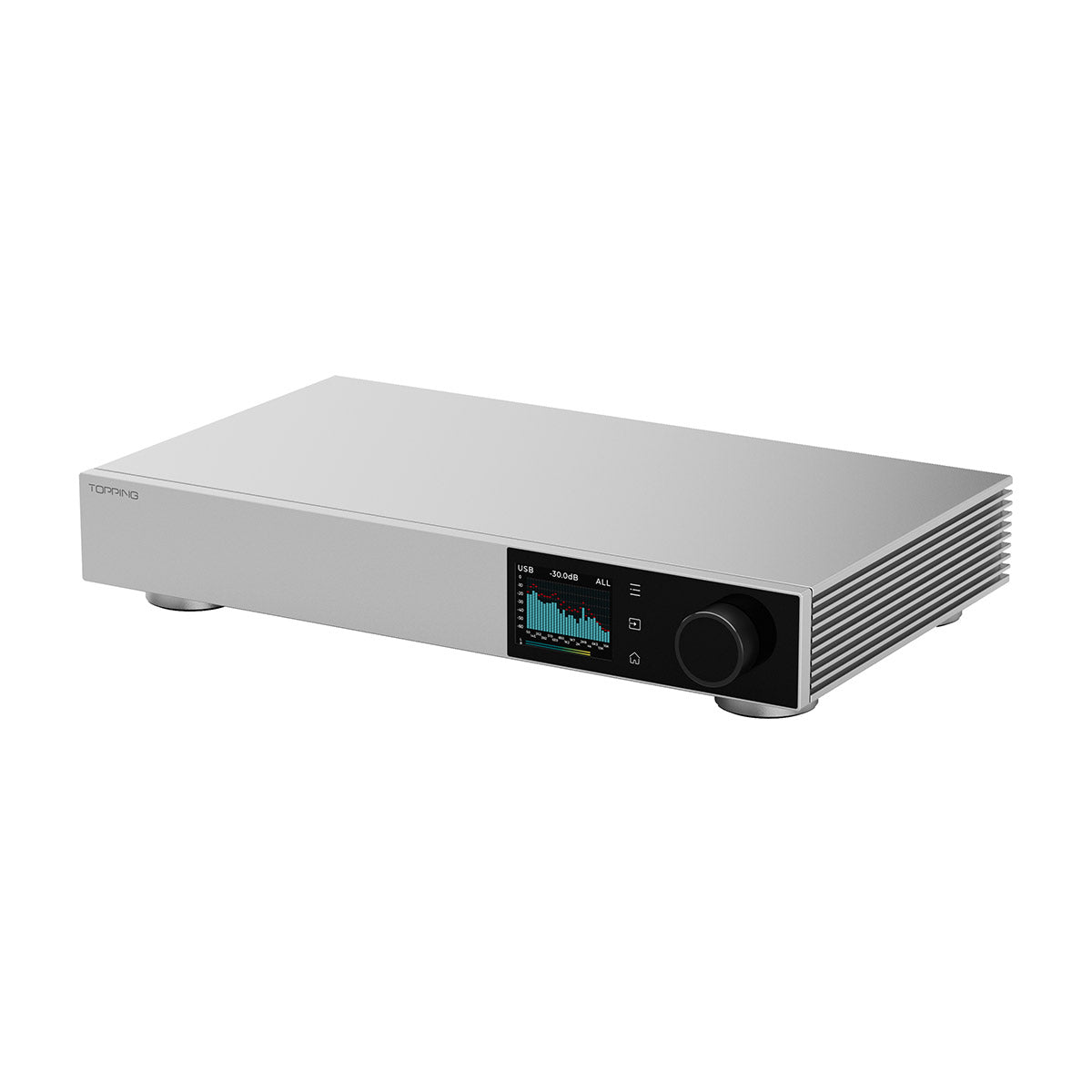 Silver electronic device with a display and control knob on a white background