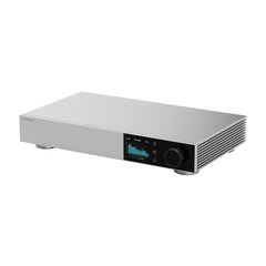 Silver electronic device with a display and control knob on a white background