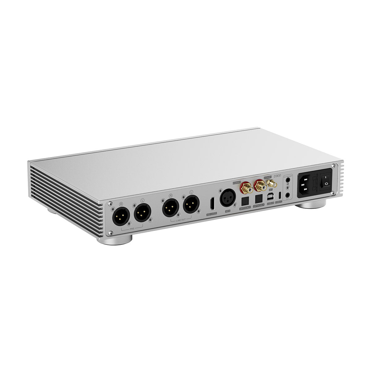 Silver electronic device with multiple ports on a white background