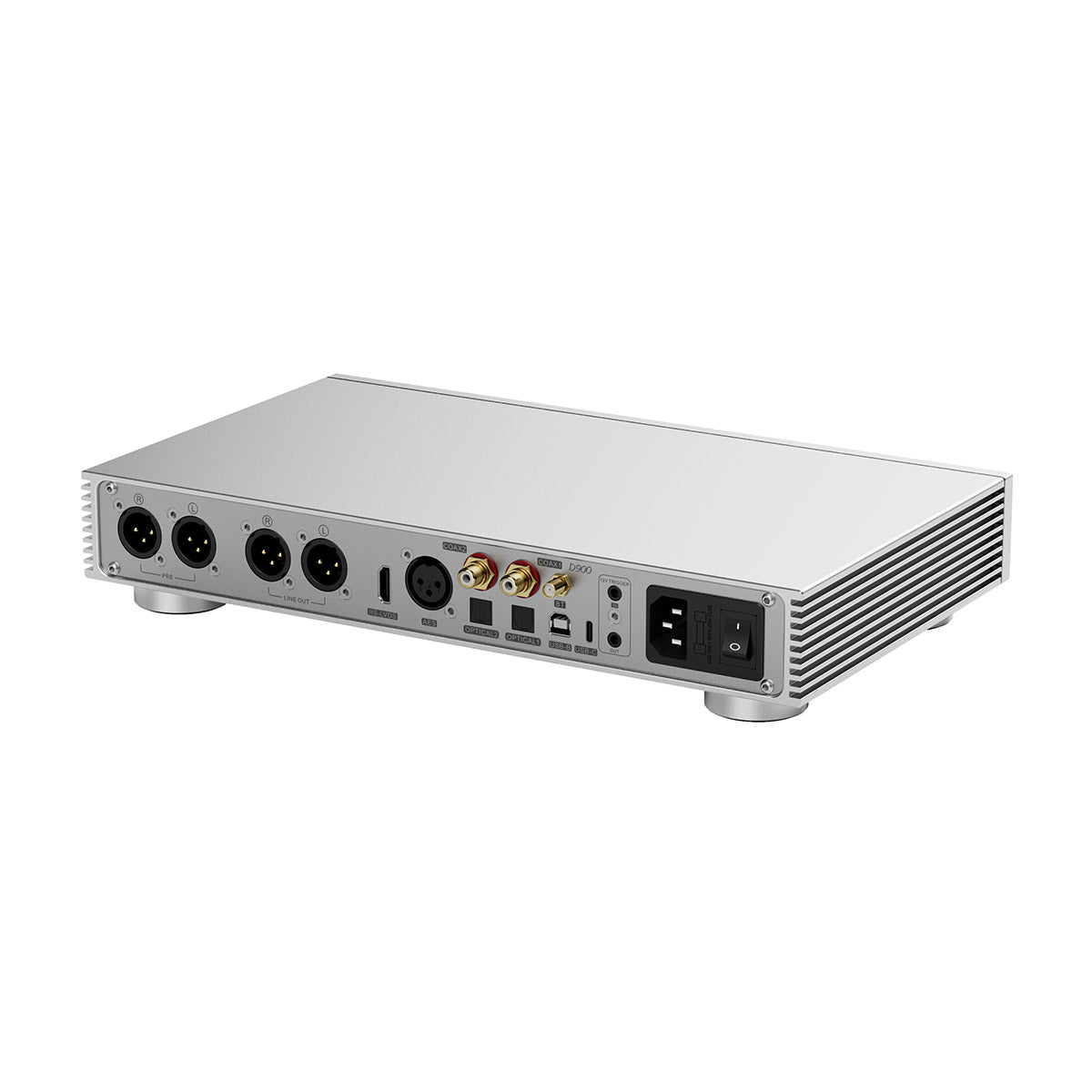 Back view of a silver electronic device with multiple ports on a white background