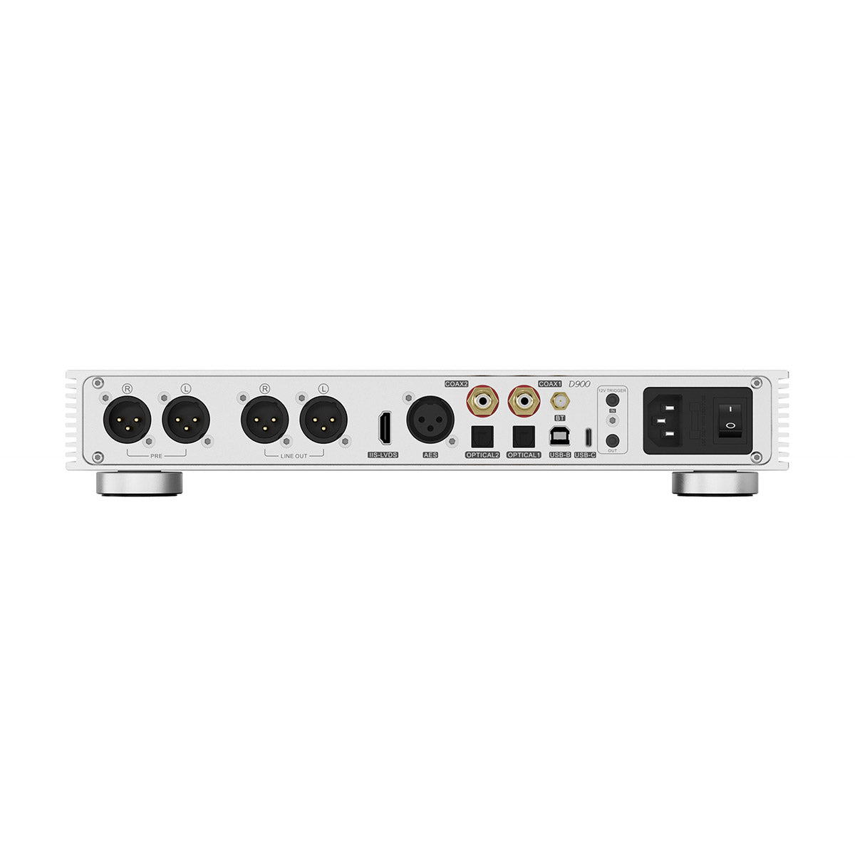 Back view of a white audio interface with various ports on a white background