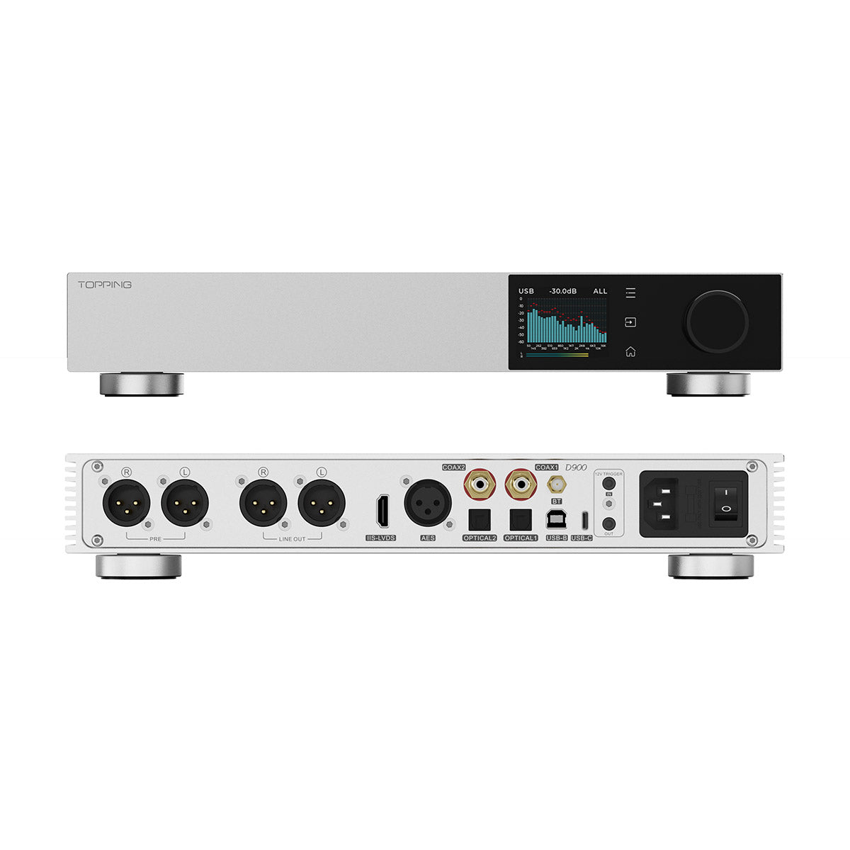 Audio equipment with digital display and various ports on a white background