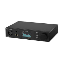 Black audio device with digital display and control knobs on a white background