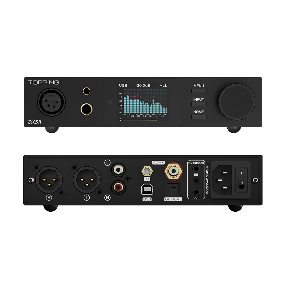 Top and side views of an audio equipment device with 'Topping' branding on a white background.