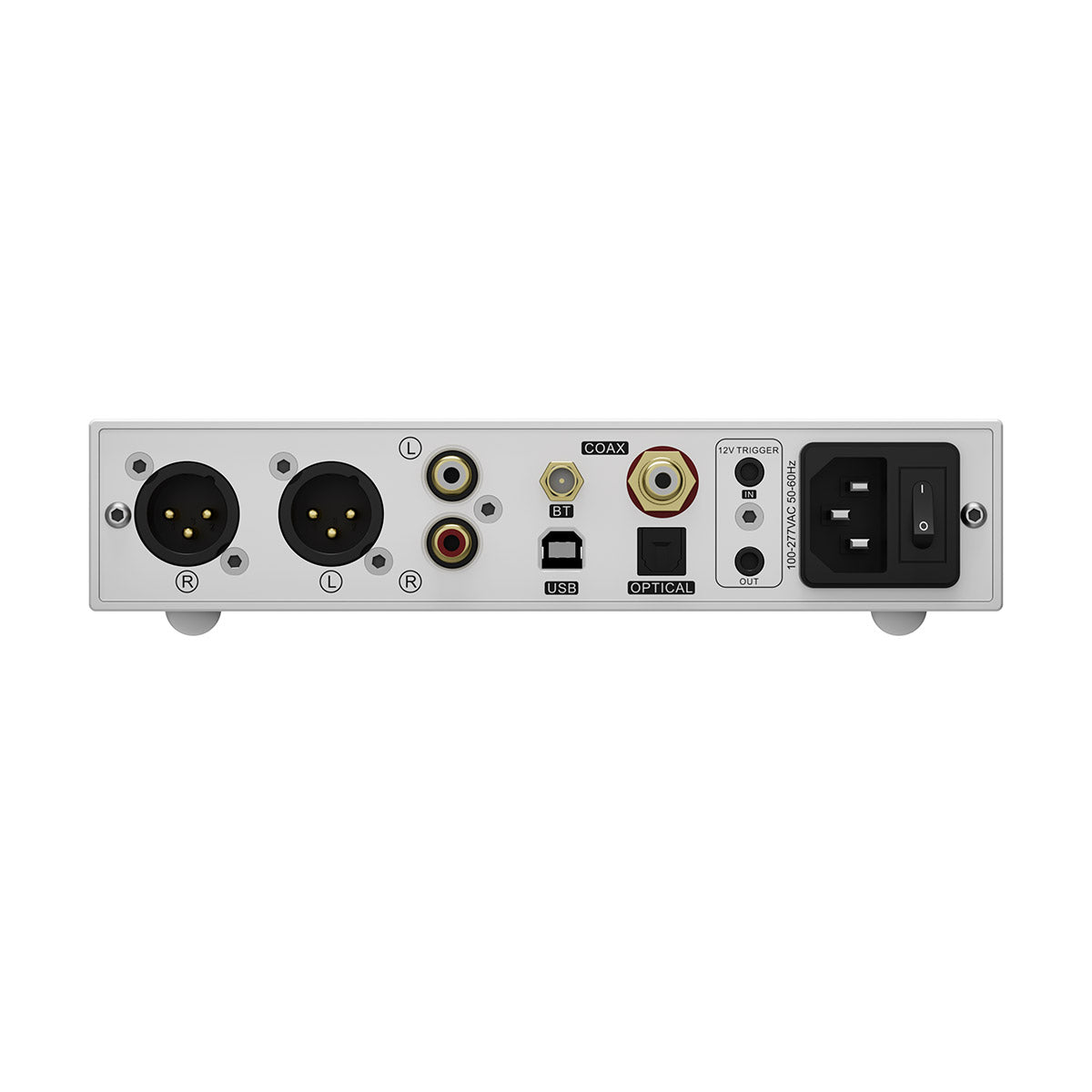 Back panel of an audio interface with various connectors on a white background