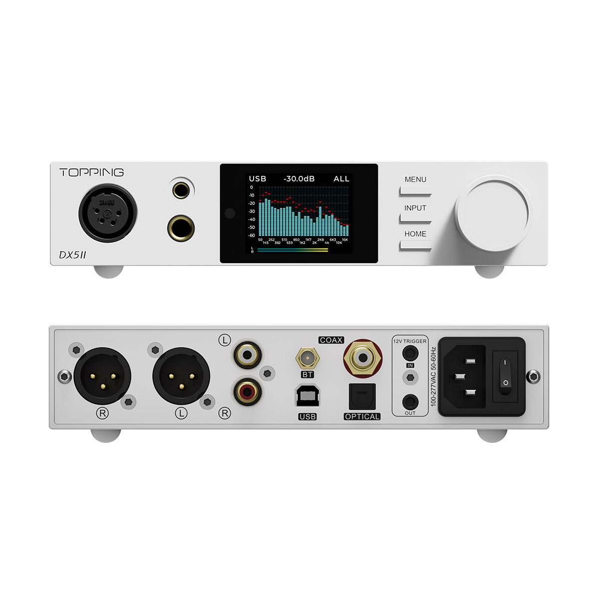 Topping DX5II audio device with front and back panels on a white background