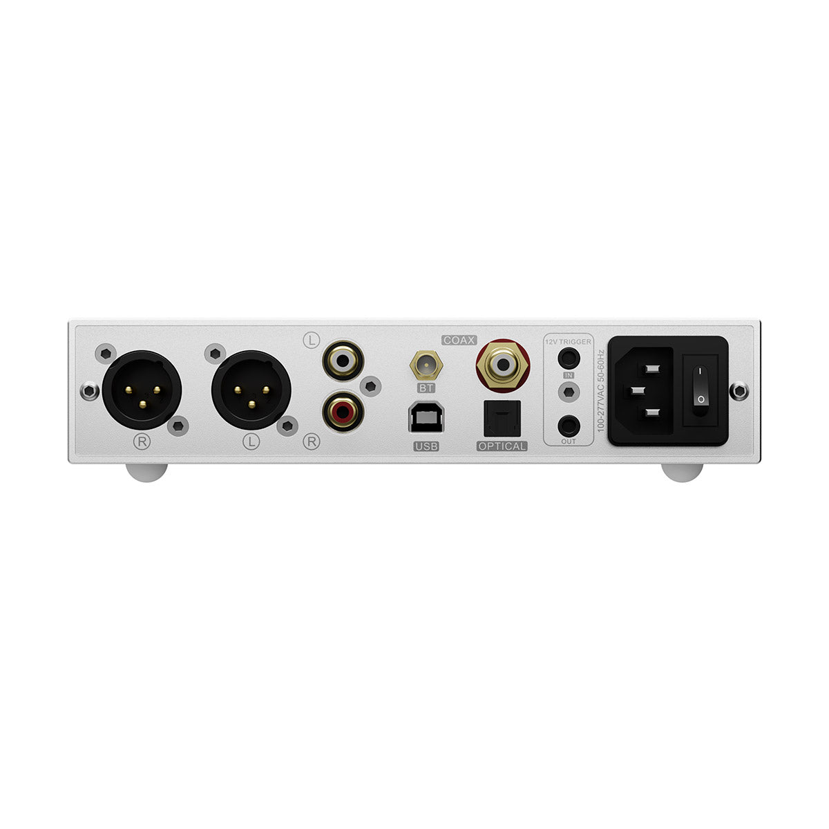 Back panel of a piece of electronic equipment with various connectors on a white background