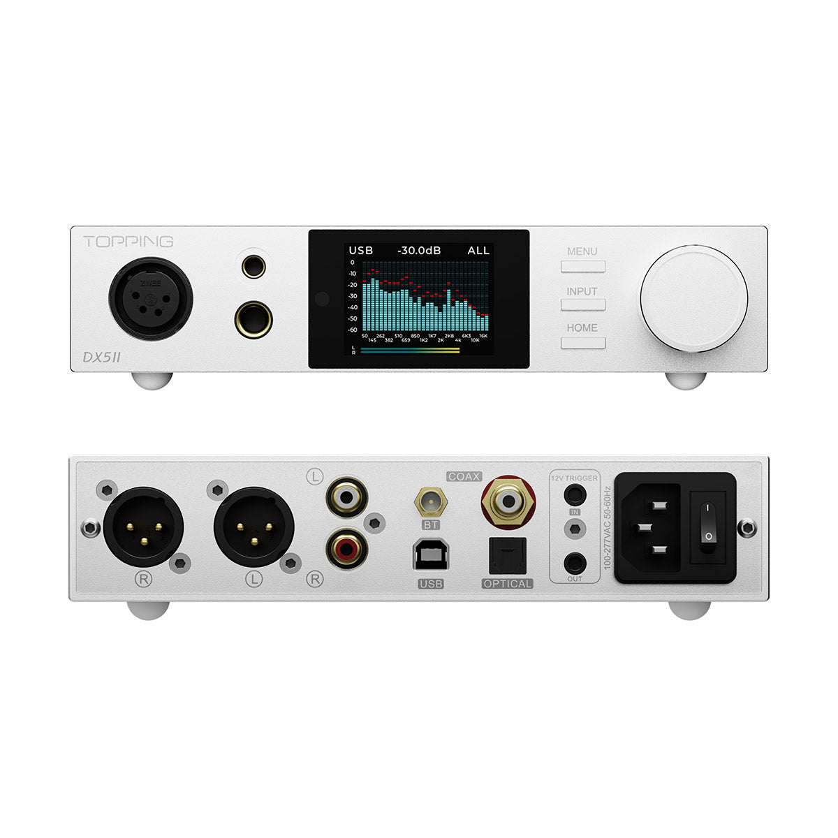 Top and bottom views of a audio interface with digital display on a white background