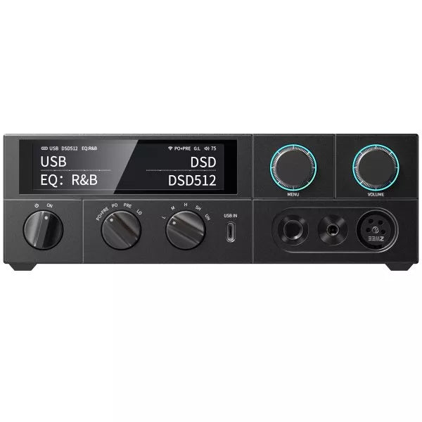 Black audio amplifier with digital display and control knobs on a white background