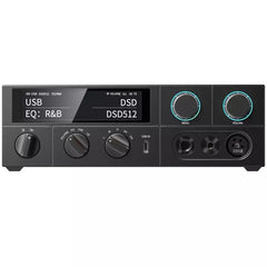 Black audio amplifier with digital display and control knobs on a white background