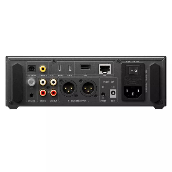 Back panel of an electronic device with various connectors on a white background