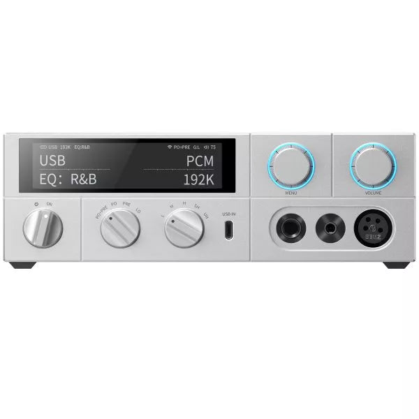 Audio amplifier with control knobs and display on a white background
