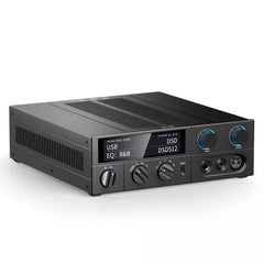 Black audio amplifier with digital display on a white background