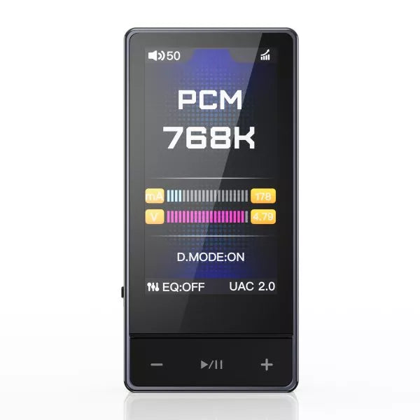 Black digital device with display showing audio settings on a white background