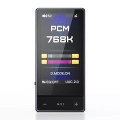 Black digital device with display showing audio settings on a white background
