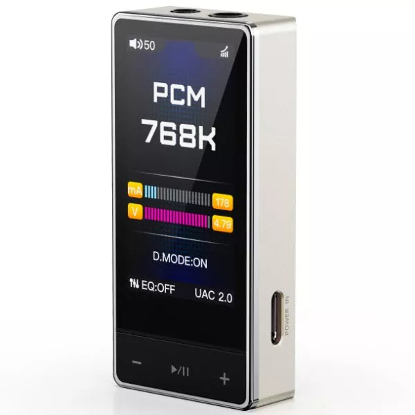 Digital audio player with display showing PCM and sampling rate on a white background