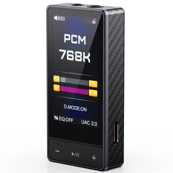 Black digital audio player with display on a white background
