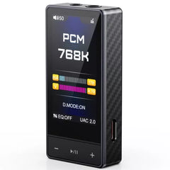 Black digital audio player with display on a white background