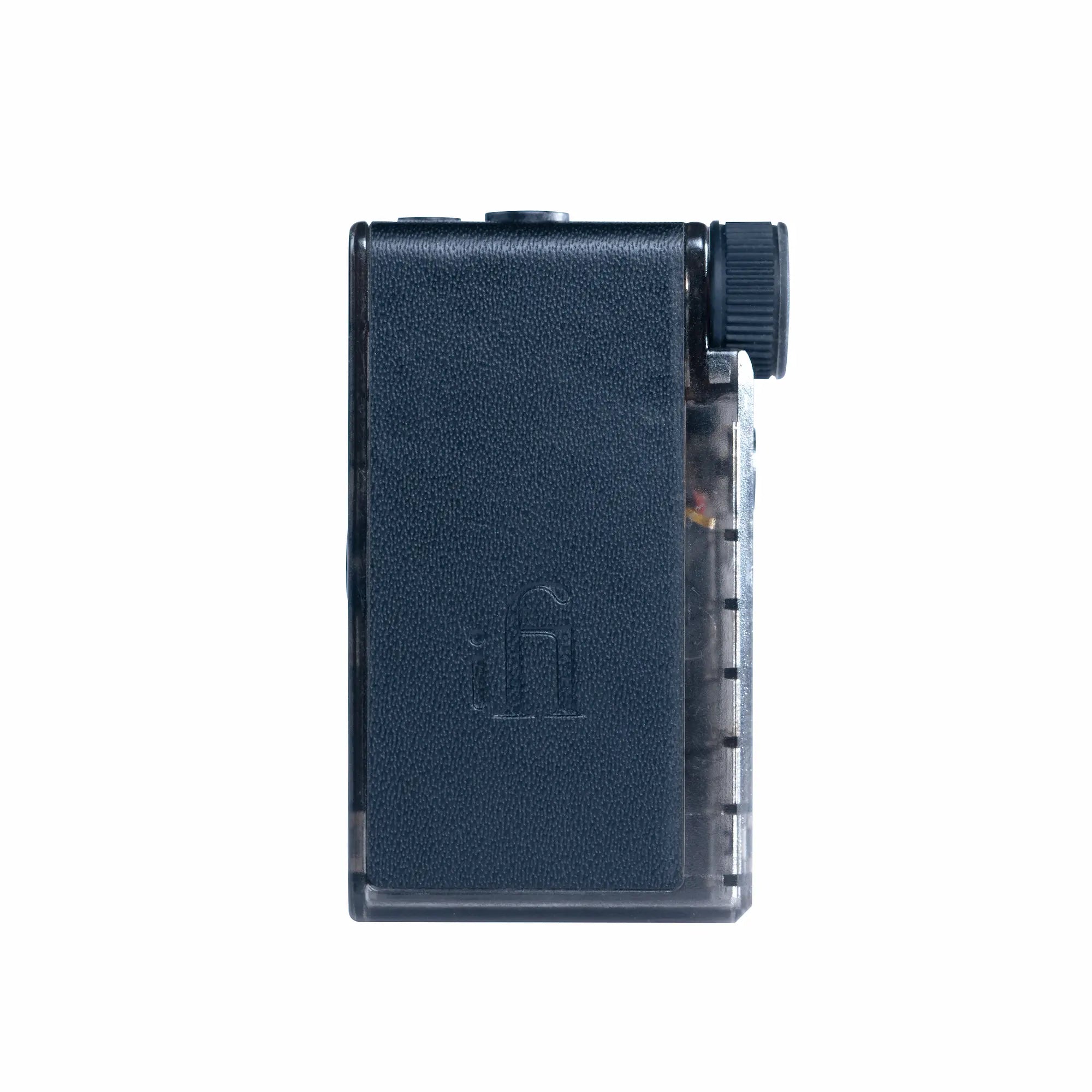Black rectangular device with a brand logo on a white background
