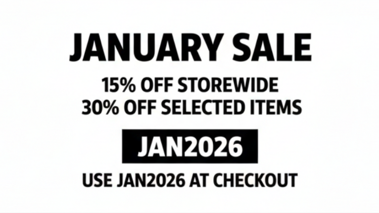 January sale promotional label with discount information on a white background