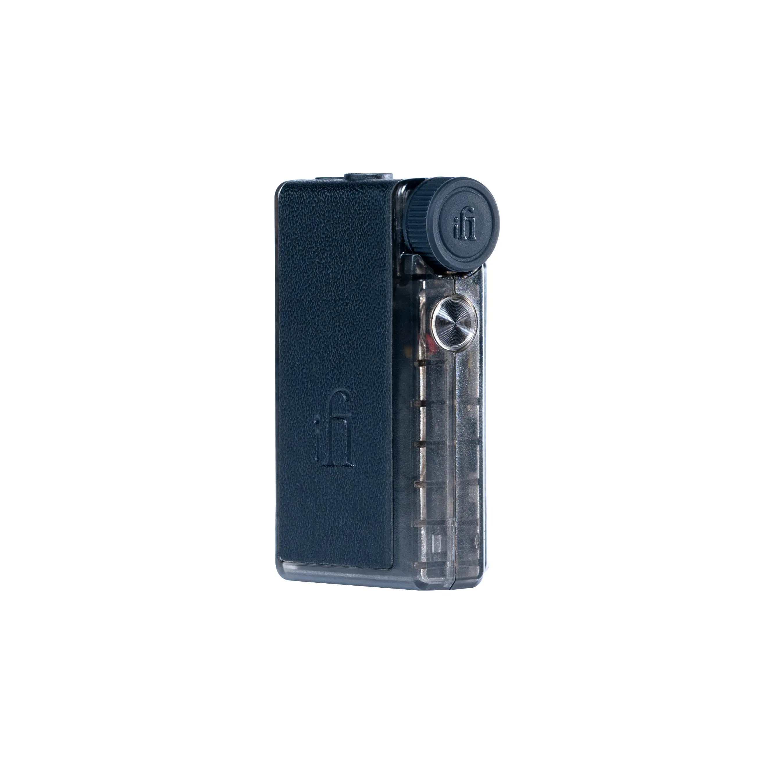 Black electronic device with a clear component on a white background