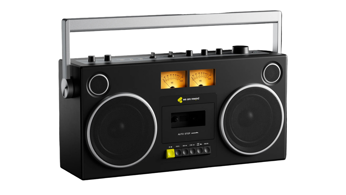 We Are Rewind Black retro-style boombox with speakers on a black background